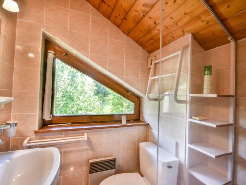 une salle de bain avec toilettes, lavabo et fenêtre dans l'établissement Duplex ensoleillé près télécabine Mont Chéry - 2 chambres, terrasse, parking, proche commodités - FR-1-685-15, aux Gets