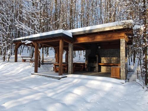 einen hölzernen Pavillon im Schnee im Wald in der Unterkunft Między Drzewami in Biecz