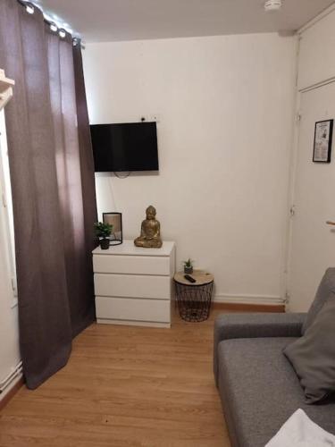 un salon avec un canapé et une télévision à écran plat dans l'établissement Studio Glacière, à Paris