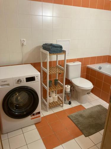 a bathroom with a washing machine and a toilet at Patrik Apartment Šamorín in Šamorín