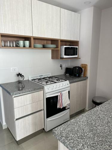 y cocina con fogones y microondas. en Nuevo y céntrico departamento en Bahía Blanca