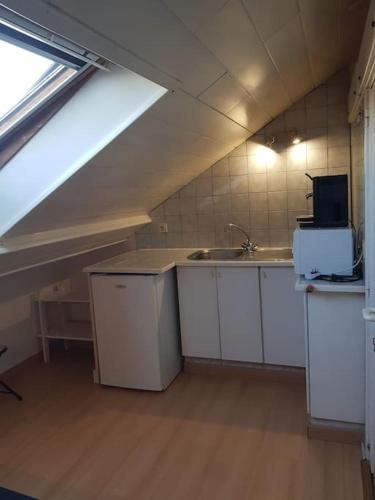 - une cuisine mansardée avec un évier et un four micro-ondes dans l'établissement Petit studio la madeleine, à Nantes