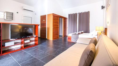 a living room with a couch and a flat screen tv at Villa Clémence in Le François