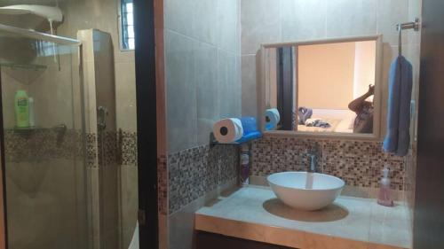 a bathroom with a bowl sink and a mirror at Casita Independiente, Ubicada Atrás de Nuestra Casa in David