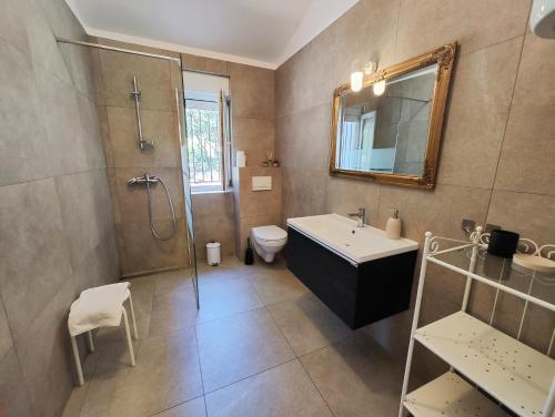 a bathroom with a sink and a shower and a toilet at Lavender House in Mandre