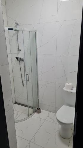 biała łazienka z prysznicem i toaletą w obiekcie RMF Naworol 7 w Szczecinie