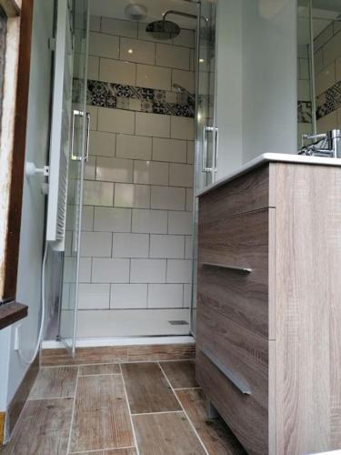 La salle de bains est pourvue d'une douche et d'une armoire en bois. dans l'établissement Ô p'tit 44 Apt + terrasse dans le vieux Honfleur, à Honfleur