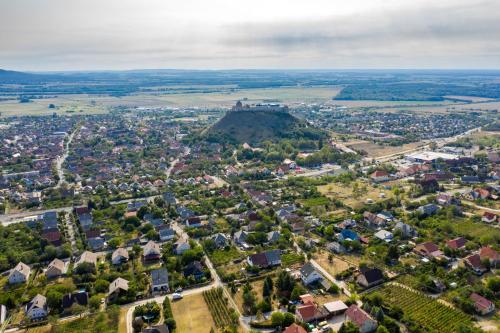 an aerial view of a small town with houses at Szőlőhegy Vendégház Sümeg in Sümeg