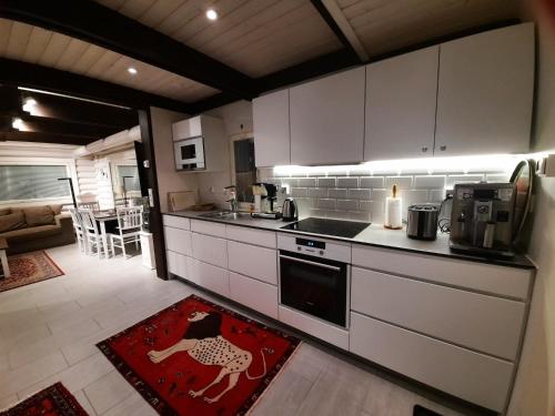 a kitchen with white cabinets and a dog rug at Villa Mustikka, Messilä in Tiirismaa