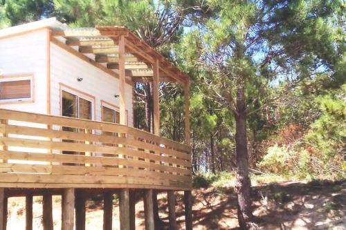 Cabaña en el bosque con terraza de madera en Cabaña Paula, playa viuda, en Punta del Diablo