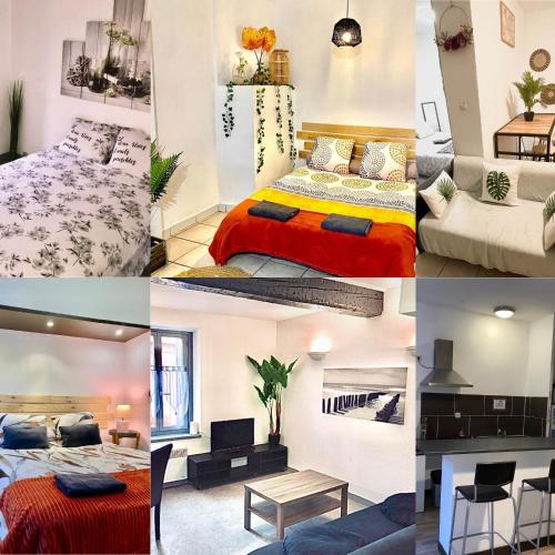 un collage de photos d'une chambre d'hôtel dans l'établissement APPARTEMENTS 24h 7j, à Carcassonne