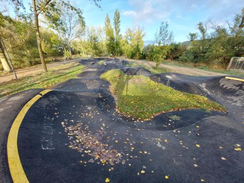 a road with a green leaf painted on the road at ALBERGUE CASA LAS ANGELITAS in Quel