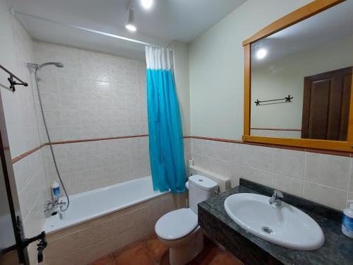 een badkamer met een wastafel, een toilet en een spiegel bij ALBERGUE CASA LAS ANGELITAS 