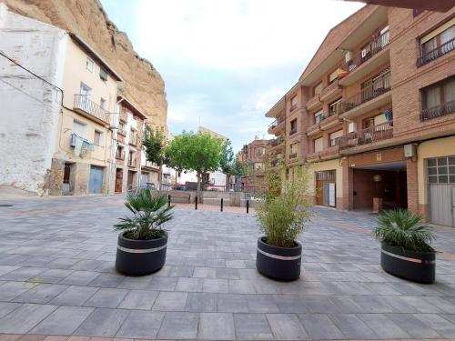 three potted plants are sitting in a courtyard at ALBERGUE CASA LAS ANGELITAS in Quel