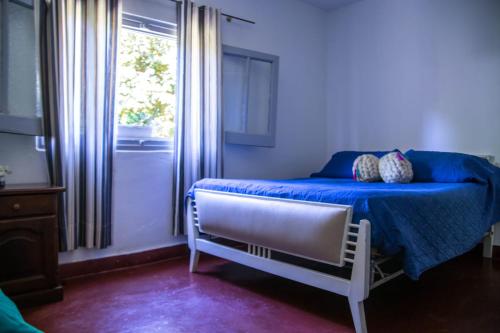 - une chambre avec un lit doté de draps bleus et une fenêtre dans l'établissement La Nelida Posada, à Chilecito