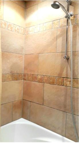 a shower with a shower head in a bathroom at Apartment Weitblick in Schweinfurt