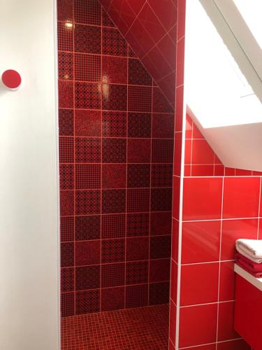 a red tiled shower in a bathroom at B&B Le Lodge in Bourgheim