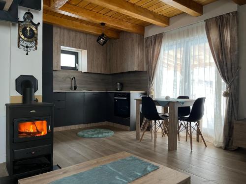a kitchen and living room with a stove and a table at Villa Ema in Pale