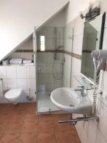 a bathroom with a sink and a shower and a toilet at Laupus-Hof in Bad Vilbel