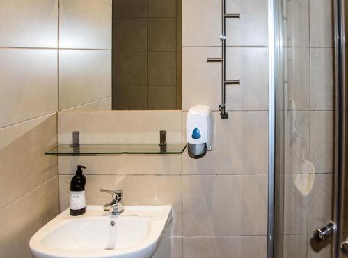 a bathroom with a sink and a shower at Mungo Jerry Studio Apartment in the Old Town in Poznań