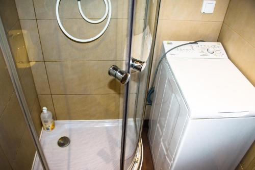 a shower with a glass door next to a toilet at Mungo Jerry Studio Apartment in the Old Town in Poznań