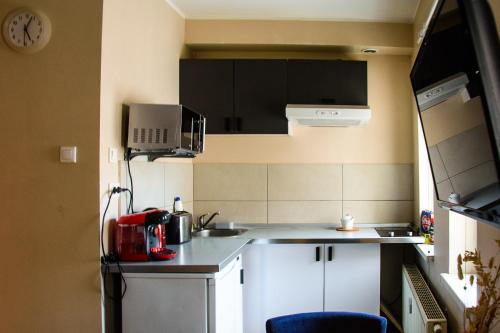 a small kitchen with white cabinets and a microwave at Mungo Jerry Studio Apartment in the Old Town in Poznań