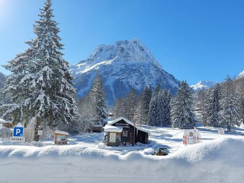 une cabine enneigée avec une montagne en arrière-plan dans l'établissement Exceptionnel 3 pièces duplex en résidence 5*, à Vallorcine