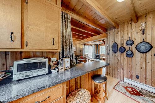 a kitchen with wooden walls and a counter with a microwave at Mowing Way Retreat in Wilmington