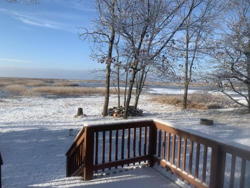 a wooden deck with snow on the ground and trees at Lakeview & Wildlife in Au Gres