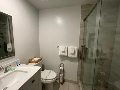 a bathroom with a shower and a toilet and a sink at Remodeled Home at Snow Summit in Big Bear Lake