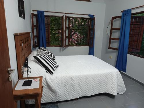 1 dormitorio con 1 cama blanca y 2 ventanas en Dpto Santa Rosa en Santa Rosa de Calamuchita