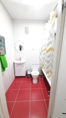 a bathroom with a toilet and a red floor at Жк ривьера in Kokshetau