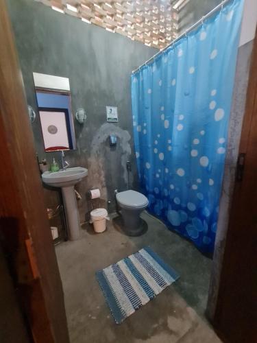 a bathroom with a toilet and a blue shower curtain at MAEVE Quarto Mata in Goiás