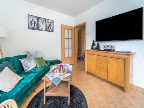 a living room with a green couch and a flat screen tv at Family Stay in Suhl Forest in Suhl
