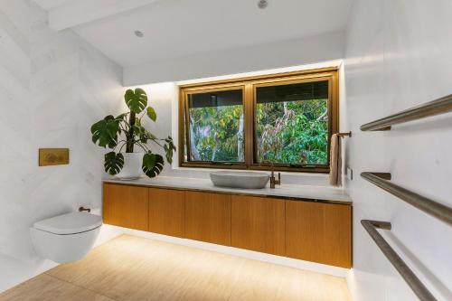 a bathroom with a sink and a toilet and a window at Little Cove Treetops Little Cove Magic in Noosa Heads