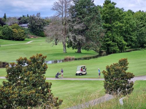 a golf cart is parked on a golf course at Omokoroa Golfers Retreat - B&B in Omokoroa