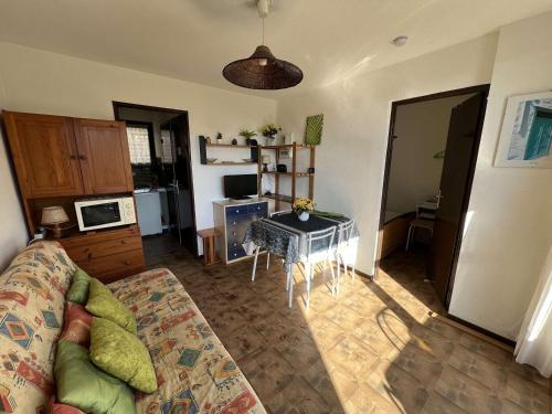 un salon avec un canapé et une table dans l'établissement Charmant T2 RDC avec Parking, Proche Centre et Plage à Agde - FR-1-702-12, au Cap d'Agde