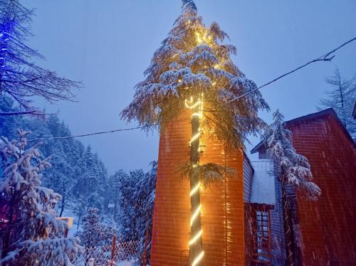 a tall tower with lights on it in the snow at WOW STAYZ2 Ashoka Grand in Dalhousie