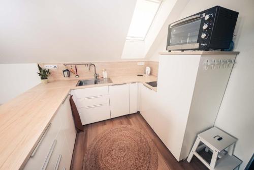 a small kitchen with a microwave on top of a refrigerator at Apartmán Podkroffka in Bořetice