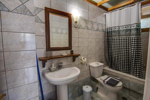 bagno con lavandino, servizi igienici e specchio di The Big Cypress Apartments ad Apólpaina