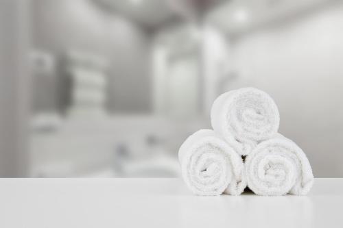盧森堡的住宿－Core Luxembourg City，浴室的台面上堆着毛巾