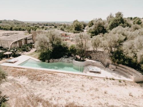 an overhead view of a swimming pool in the desert at N a k e d S o l in Manacor