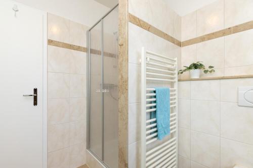 eine Dusche mit Glastür im Bad in der Unterkunft Ostsee-Quartier 9 Gutenbergstraße 5 APPARTO Grömitz in Grömitz