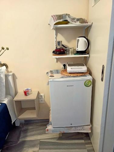 a small refrigerator in a room with shelves at Marisa Rooms in Parikia