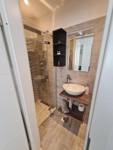 uma casa de banho com um lavatório e um chuveiro em Apartments Primo Maggio em Piran
