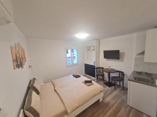 Schlafzimmer mit einem Bett, einem Waschbecken und einem Tisch in der Unterkunft Apartments Primo Maggio in Piran