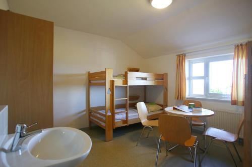 a room with a sink and a table and a bunk bed at Jugendherberge Dahme in Dahme
