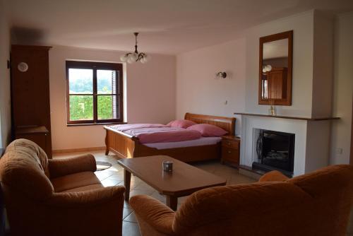 a living room with a couch and a bed and a fireplace at Penzion Kostelany 