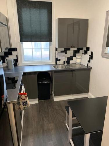 a small kitchen with a sink and a window at Number 11 in Exeter