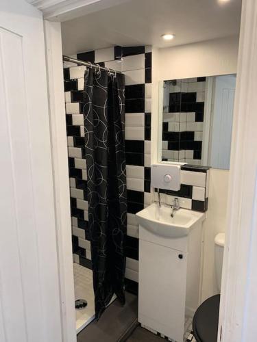 a bathroom with a black shower curtain and a sink at Number 11 in Exeter